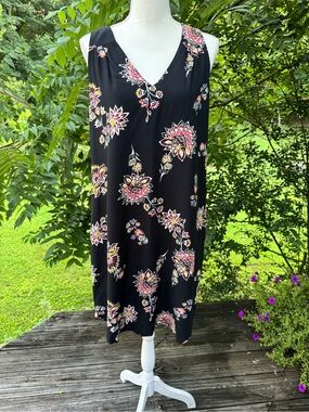 Old Navy Black Dress with Pink, White and Blue Floral Accents High Low Hemline